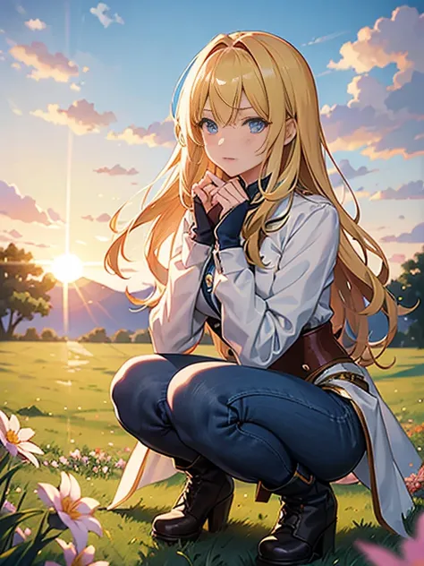 Anime style 21-year-old female character with blond, waist-length, wavy hair, V bangs, and blue eyes, squatting in a spring field at sunset, viewed frontally. She appears tired and is panting, with sweat on her forehead, dressed in a white blouse with a ch...