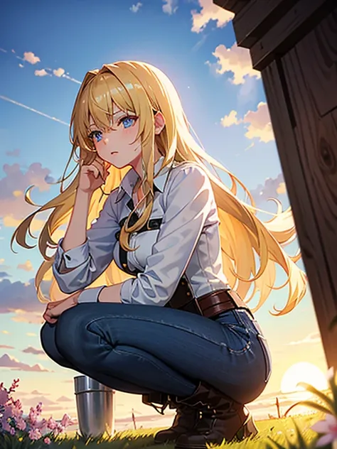 Anime style 21-year-old female character with blond, waist-length, wavy hair, V bangs, and blue eyes, squatting in a spring field at sunset, viewed frontally. She appears tired and is panting, with sweat on her forehead, dressed in a white blouse with a ch...