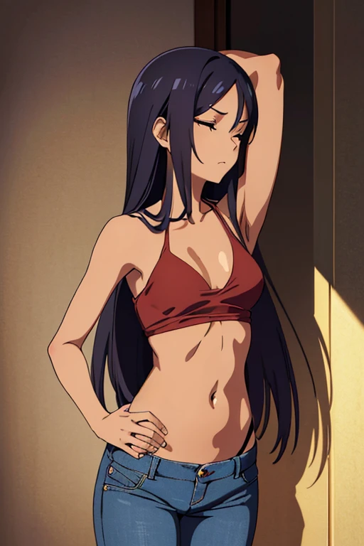 ((best quality)), ((masterpiece)), (detailed), dark tanned skin anime woman in a deep V-neck cami top, (jeans), (long hair), starving, (resting hands on the stomach), (hands on the stomach), (slim body), closed eye