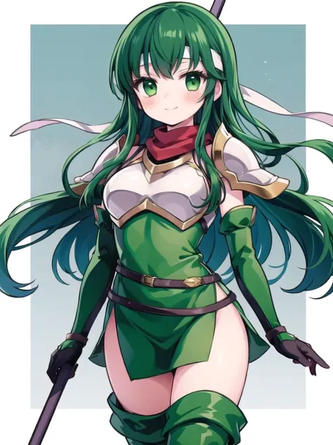 1girl, masterpiece, best quality, perfect hands, green hair, very long hair, palla_echoes, long hair, dress, green elbow gloves,...