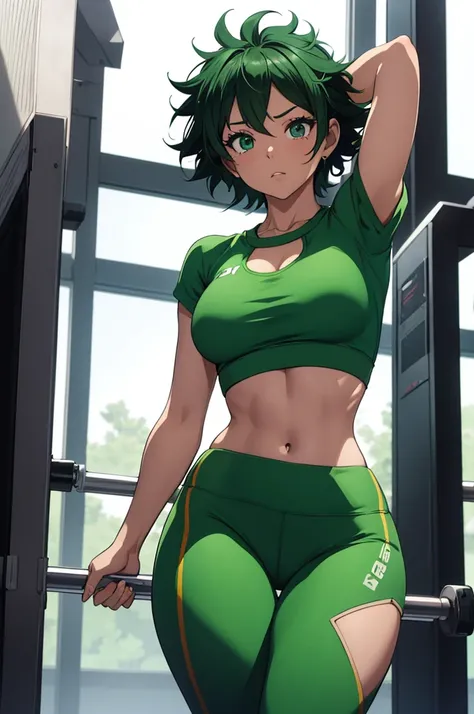 1 girl, izuku midoria as a stunning girl, short green hair, tight gym leggings and a white crop top, gym, high res, ultra sharp, 8k masterpiece
