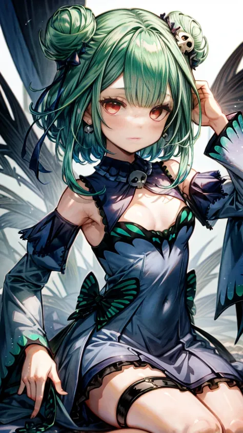 bluerushia, green hair, double bun, short hair, blue bow, hair ornament, 
full body,