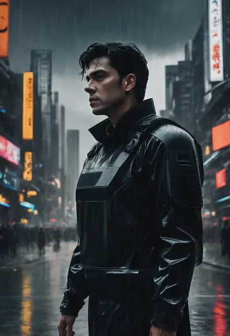 a melancholic man with medium black hair wearing a black uniform, standing in a futuristic city with completely overcast sky and rain, highly detailed, cinematic lighting, photorealistic, intricate details, dramatic atmosphere, muted color palette, (best q...