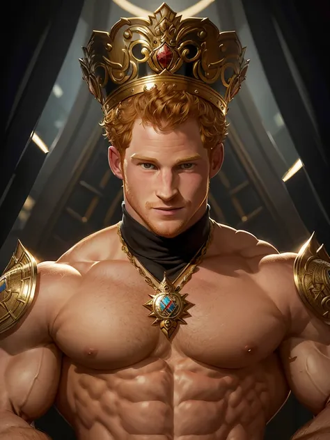 ealistic style, erotic, young prince Harry face, very gigantic-bodybuilder, bodybuilding poses, 240-inches-biceps, shy smile, random places, trending on artstation, sharp focus, studio photo, intricate details, highly detailed, by greg rutkowski