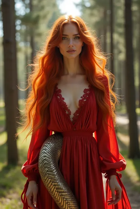 Red-haired snake woman,in red peasant clothes,Unripe,white,beiges,background with pine trees 