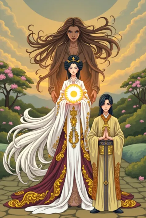 An anime-style image of a woman with long hair holding a golden sun., Beautiful Fantasy Empress, ((Beautiful Fantasy Empress)), Beautiful androgynous prince, Ancient Chinese Goddess, Attractive male god, the godess hera looking angry, Inspired by Michio Se...