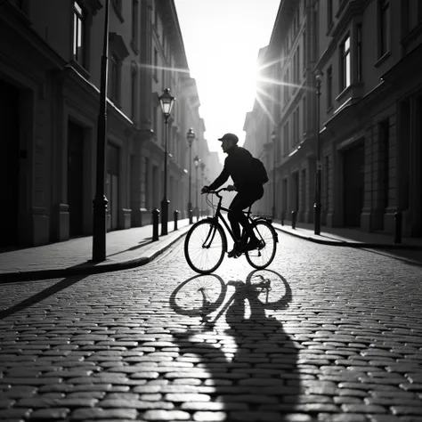 Riding a Bicycle, black and white photography, timeless elegance, classic aesthetic, dramatic contrasts, emphasizing shapes and textures, evoking nostalgia, focusing on light and shadow, monochromatic storytelling, capturing mood and emotion, artistic expr...