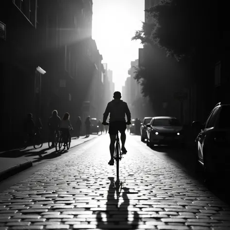 Riding a Bicycle, black and white photography, timeless elegance, classic aesthetic, dramatic contrasts, emphasizing shapes and textures, evoking nostalgia, focusing on light and shadow, monochromatic storytelling, capturing mood and emotion, artistic expr...