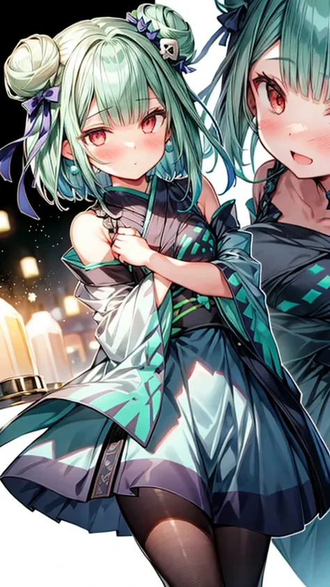 bluerushia, green hair, double bun, short hair, blue bow, hair ornament, 
((full body)),(((Cowboy Shot,Dynamic Angle)))，1 person,,(Glowing Skin:1.3),(beautifully濃厚な肌),(Thinning hair), masterpiece, high quality, High resolution, Confused,(beautifully、beauti...