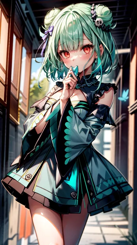 bluerushia, green hair, double bun, short hair, blue bow, hair ornament, 
((full body)),(((cowboy shot,dynamic angle)))，1 person...