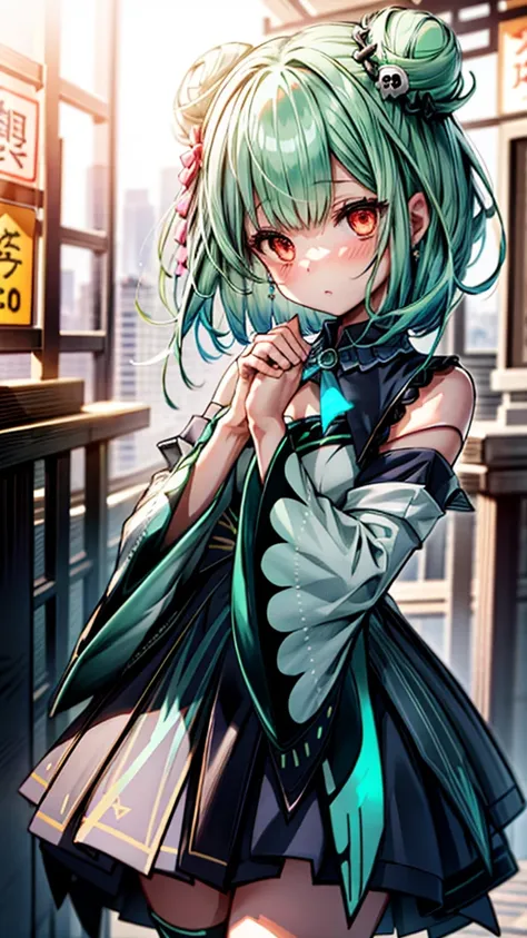 bluerushia, green hair, double bun, short hair, blue bow, hair ornament, 
((full body)),(((cowboy shot,dynamic angle)))，1 person...