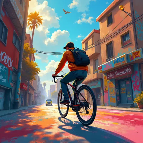 Riding a Bicycle, Aerosol paint art style, spray painted, vibrant colors, seamless blending, dynamic compositions, bold contrasts, urban aesthetic, professional-grade results, (best quality, masterpiece, photorealistic), very aesthetic, perfect composition...