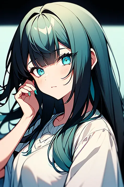 Girl with black hair with light blue ends and dark green eyes 