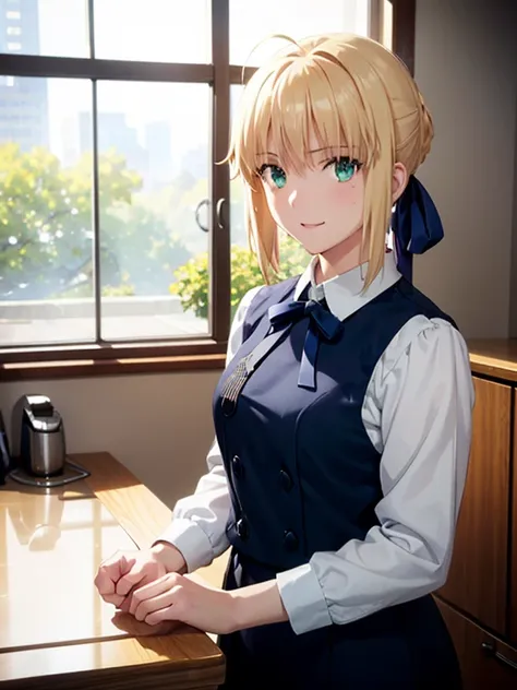 masterpiece, beautiful detail, beautiful light and shadow,Beautiful Anime Woman, Beautiful art style, Anime characters,1girl, ((((solo)))),saber,blonde hair, short hair, hair ribbon, LAWSONU, employee uniform, uniform, 
konbini, scenery, shop, indoors,smil...