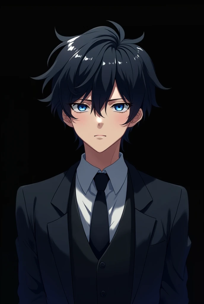 Polite、Handsome、youth。Anime。Polite、Butler-like Student Dark descent Black hair Blue eyes Looks gentle
Background black, looking mean、Giving off a tired vibe、
Dont change the design