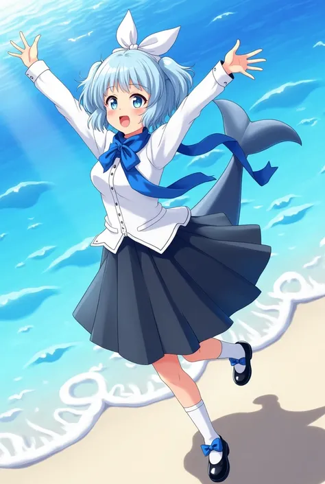 Anime girl short light blue hair, with short pigtails with a blue scarf around her neck, white long sleeve blouse with blue tie and black skirt, white sock with blue bow and a black shoe , dolphin tail and a bow on her head