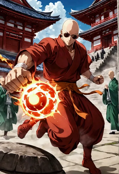 japanese monk、small、round sunglasses、equip a ritual item、hero of justice、one punch man、japanese temples、strongest、exorcise evil ...