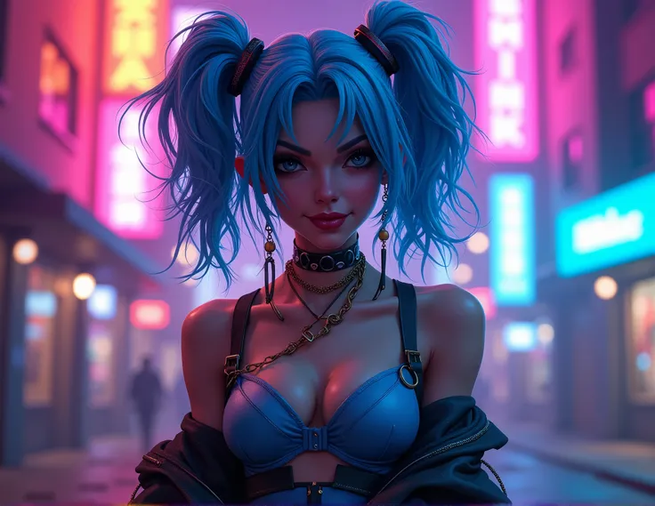 Jinx Arcane ultra-realistic style, completely nude without lingerie, high detail, neon lights in the background.