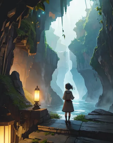 Create exquisite illustrations reminiscent of Makoto Shinkais style, It has ultra-fine details and top-notch quality. Create an illustration of a fantastical and nostalgic cave exploration scene where a minecart is traversing through the cave, illuminated ...