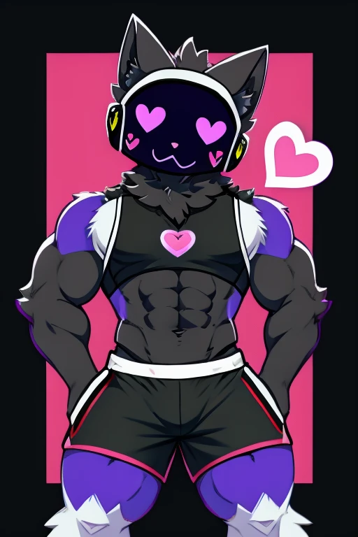 Big black cat , black robot helmet with a purple kawaii cat face, muscular, furry, black sleeveless shirt, Morados shorts, with heart stickers on the body 