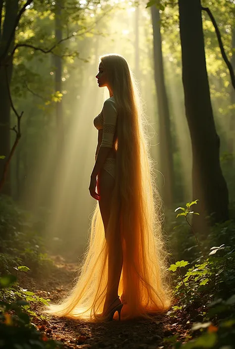 tall thin Rapunzel completely nude, (naked), close up, mid shot, wearing sexy high heels, and thigh high stockings, small breasts, visible nipples, her hair is one hundred feet long and curled all around her, backlit in an enchanted forest