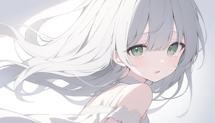 Pale gray hair　Slightly bluish, Dark green eyes　Eyes wide open　White choker　Expressionless　 Tears running down my cheeks　Looking into the camera　look back　A white dress with thin white lace　A slightly open mouth　Flowing Tears