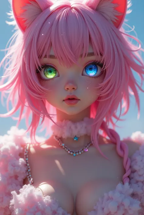 (Close-up of a better masterpiece: 1.5) 0.9], (catgirl full body big breasts: 1.2) (Messy pink hair: 1.1) (Xanthochromia heterochromia and blue and green eyes: 1 .2) (cat ears: 1.0) (Colored stars in the eyes: 1.0) (A radiant glow: 1.1) (thick lips: 0.9)