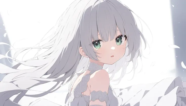 Pale gray hair　Slightly bluish, Dark green eyes　Eyes wide open　White choker　Expressionless　 Tears running down my cheeks　Looking into the camera　look back　A white dress with thin white lace　Slightly open mouth　Tears flowing abundantly