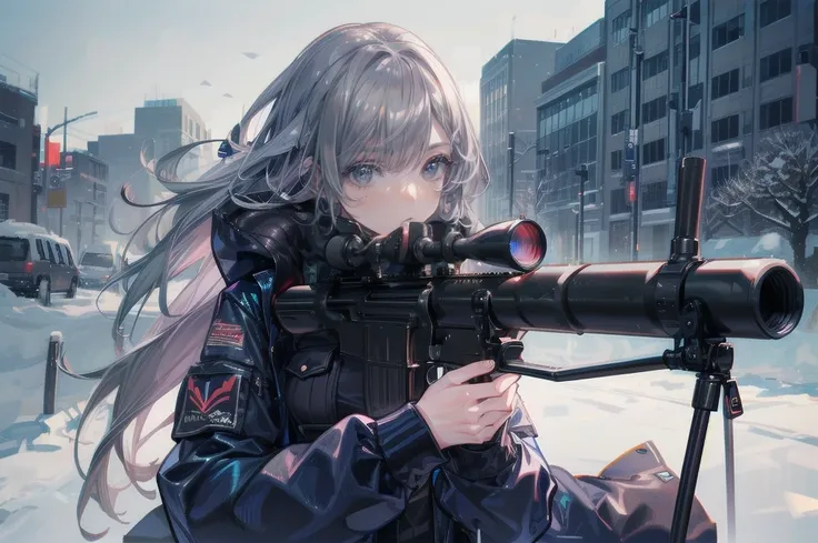 one woman,sniper兵,sniper rifle,barrett m72,playing a very long barrel, ((blue eyes,gray hair)) the woman is a survival game avat...