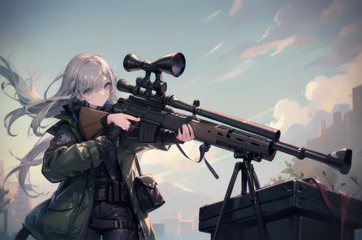 one woman,sniper兵,sniper rifle,barrett m72,playing a very long barrel, ((blue eyes,gray hair)) the woman is a survival game avat...