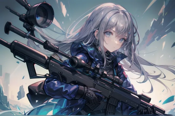 one woman,sniper兵,sniper rifle,barrett m72,playing a very long barrel, ((blue eyes,gray hair)) the woman is a survival game avat...