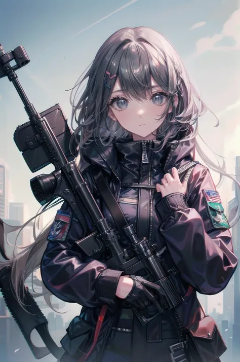 one woman,sniper兵,sniper rifle,barrett m72,playing a very long barrel, ((blue eyes,gray hair)) the woman is a survival game avat...