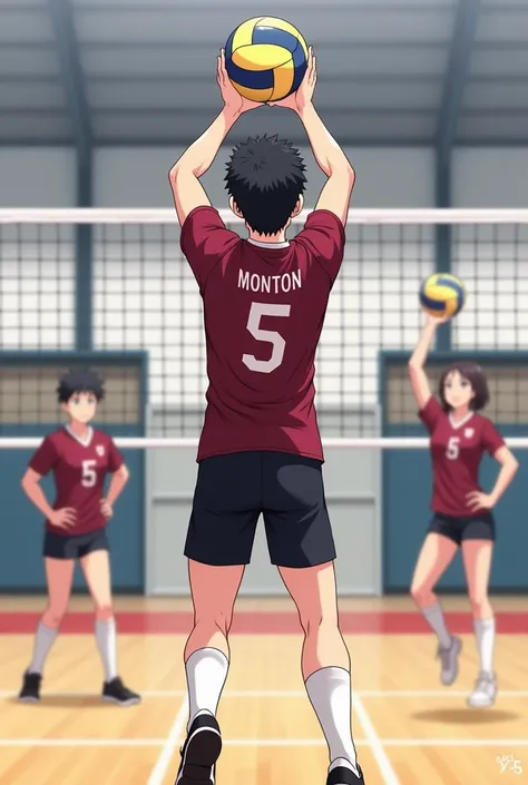 Minimalist volleyball theme wallpaper,men. Indoor. Men spiking with a last name "Monton" and a jersey number "5" . Anime men. Spiking a ball"solo", two block hair maroon jersey,black short, white socks and shoes. Preference: little giant from karasuno. Bac...