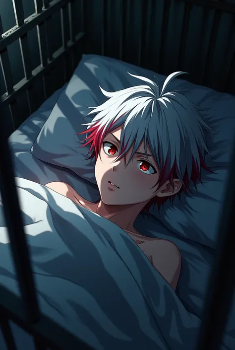 Make a teenage boy with white hair with red parts, Scarlet eyes, lying in a bed of captivity, expression of hate and pain.
anime styling