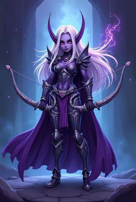 /imagine prompt: A cartoon-style logo featuring Sylvanas Windrunner from World of Warcraft. The logo should prominently display a stylized version of Sylvanas with her iconic white hair, dark purple skin, and skeletal armor. She should be holding a bow and...