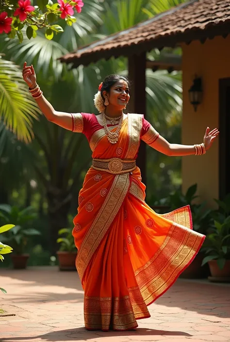 Indian curvy chubby female aged 30 with indian skin tone wearing indian classical dance bharatanatyam costumes and dance pose in outdoor kerala home