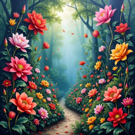 
(best quality, 8K, high resolution, masterpiece), ultra detailed, oil painting of a lush, dreamlike garden filled with exotic flowers, their vibrant colors and intricate patterns creating a mesmerizing and surreal atmosphere.