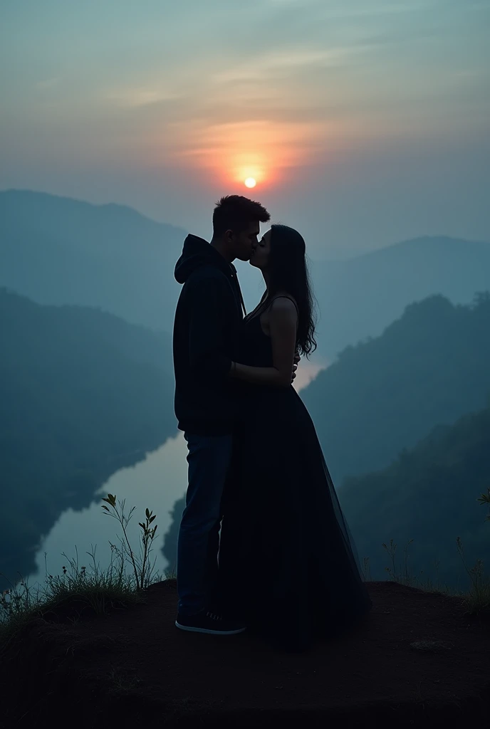 A couple sees after a longtime from a top of a mountain of kerala🥹 they kissed eachother. The mountains are filled with the fog ,the moon is blooming pleasenty and a river is flowing through bottom of the mountain. The boy wears a black hoodie and he is no...