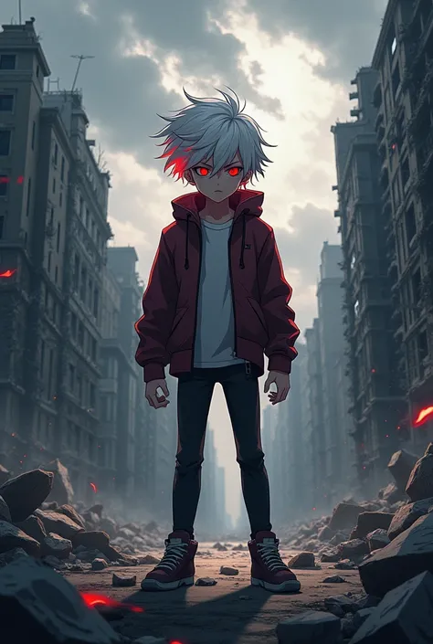 Make a teenage boy with white hair with red parts, Scarlet eyes, standing tall with a sinister and terrifying aura amidst the rubble
Anime style