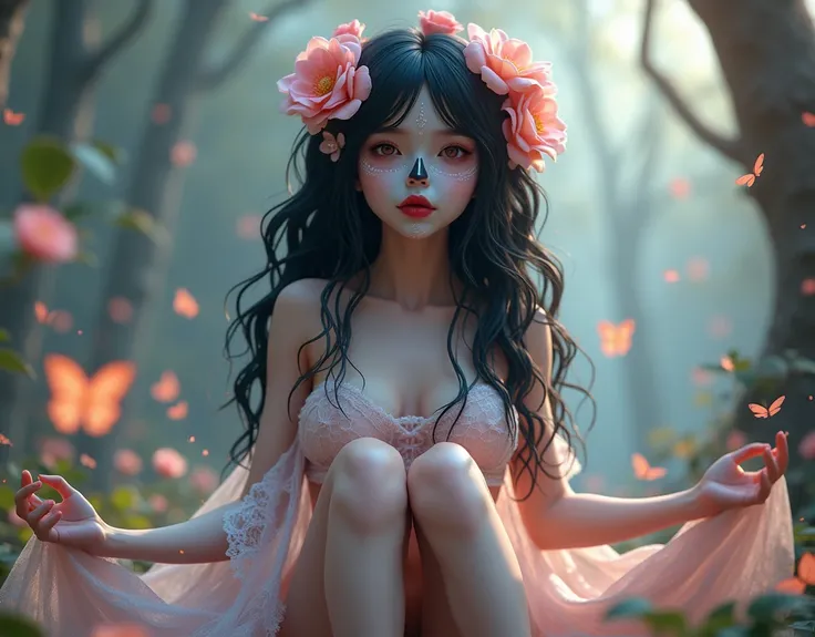 A captivating 3D rendering of a young nude woman with her legs open wide, clad in a delicate cobweb-like material that accentuates her ethereal beauty. Her raven-black hair flows gracefully, adorned with a myriad of delicate flowers that contrast her encha...