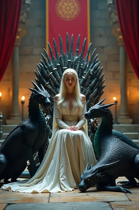 Create an image of Deanerys Targaryen sitting on the Iron Throne next to her three dragons 