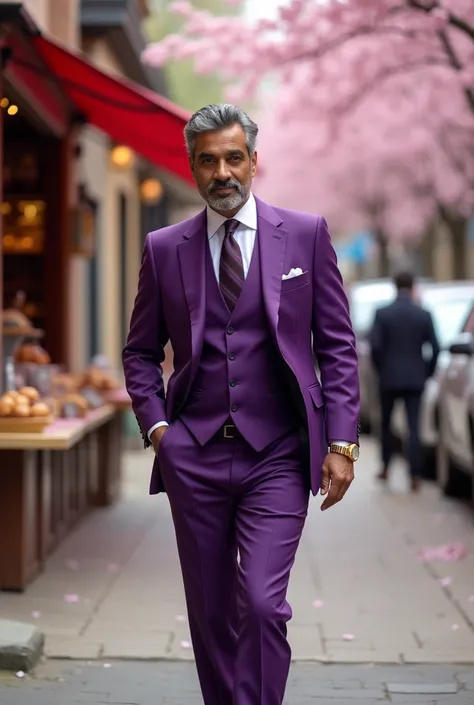 A very rich businessman of India who is going to a bakery wearing a purpule colour 3 piece suit 40 year old