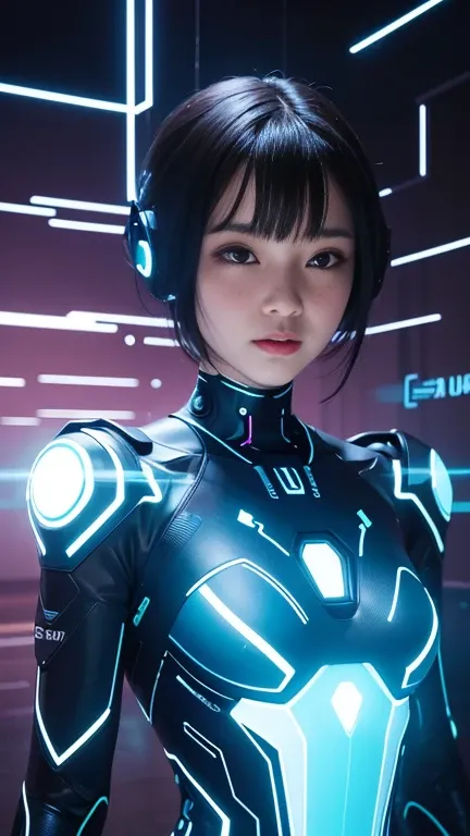 An abstract representation of AI female as a glowing digital robot, surrounded by floating codes and algorithms, symbolizing the merging of human intelligence with technology, medium shot