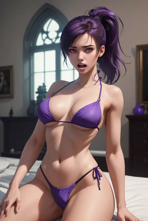 (photorealism:1.2),(fantastic) (high detailed body) beautiful teen gothic skinny irish girl in purple bikini in her castle bedroom. She have black/purple ponytail. She have a masculine flat chest. Her body is in H, because she is Hyperandrogyn. She have ob...