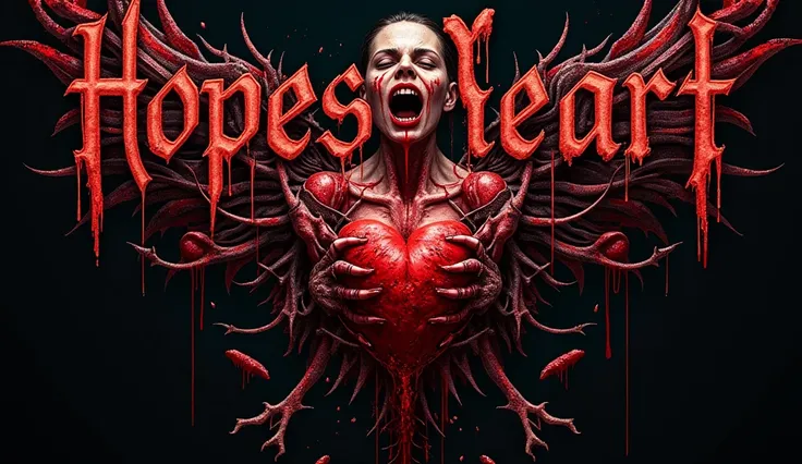 Hyper realistic , 4k, ultra realistic,A Deathcore Metalcore band logo with the text “HopesHeart” at the top center. The text  “Broken Chromosomes” at the bottom center. Logo needs to include a very bloody heart getting ripped out of a females  chest with t...