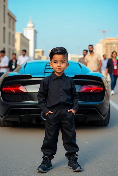 Creat a 3d illusion of 6 years stylish boy, Stand on the road,with car,Wearing black dress, write Arbab Hassan with capital fonts on the back mirror of car.
