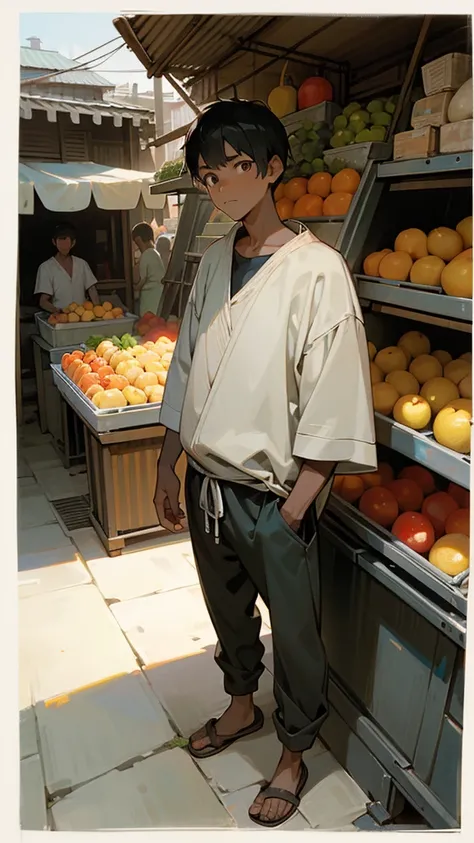 The young, poor man standing in a busy marketplace beside a fruit seller. He gazes longingly at the fruit, wearing simple and worn clothes, indicating his poverty. His face shows the inner conflict between hunger and fear of God