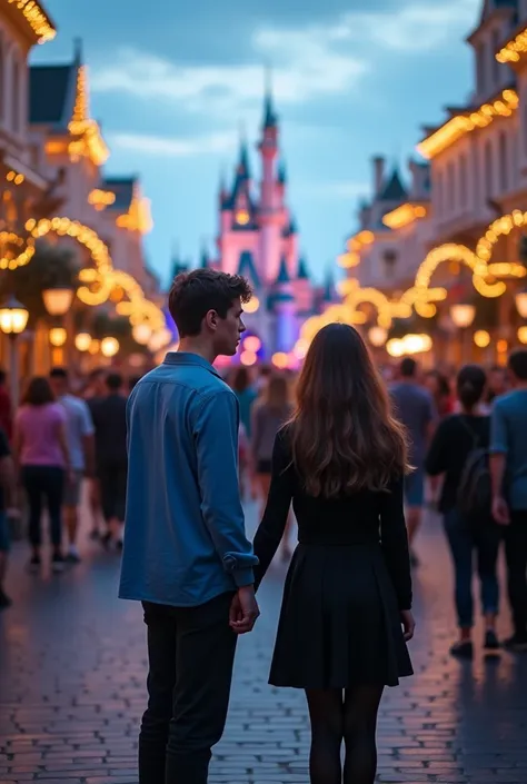 A young  man named Steve with blue shirt cries at the street and    girl named Emily wearing black clothes  leaves the place
At Disneyland usa 