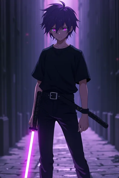 Anime style, 16k, highres, best quality, high quality, super detail, high details, accurate, masterpiece, UHD, 1male, solo, teenager boy, violet pupils, wide black t-shirt with long sleeves, black pants with black belt, black shoes, violet gloves on hands,...