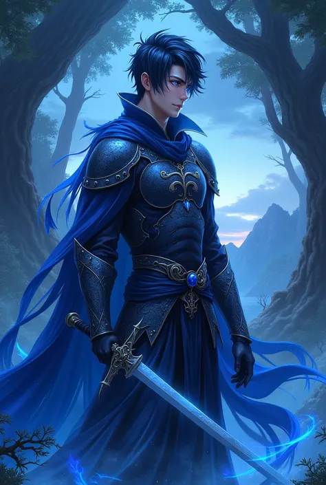 Create a character, MASCULINE with warrior style JAPANESE ANIME STYLE, black hair with a cobalt blue strand in a single hair, COBALT blue eyes and a cobalt blue aura emanating from his body. Make it like a web novel cover with the name: The Eminent Divine ...